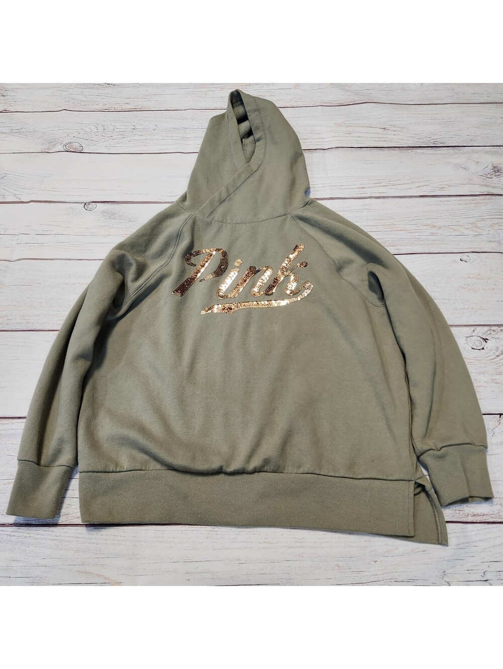 Pink Hoodie Green with Rose Gold Sequin Logo Size Small